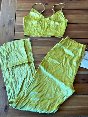 Zara Satin Crop Top and Trousers Co-Ord Set Yellow Medium